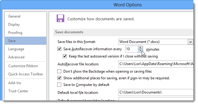 How to change automatic save intervals in MC Word 2013